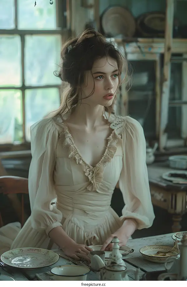 A Young Woman in a Vintage Dress Sitting at a Table