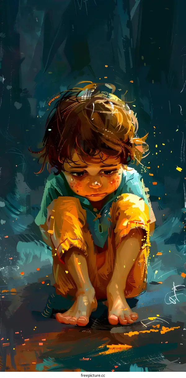 sad lonely boy sitting in the dark forest