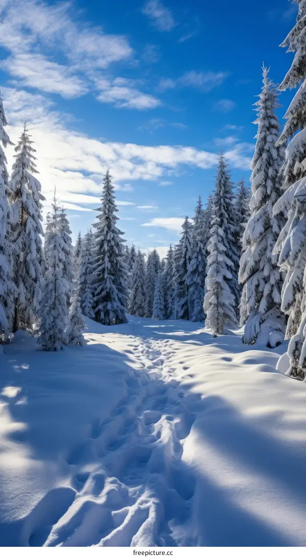 Footprints in the snow lead through a dense winter forest