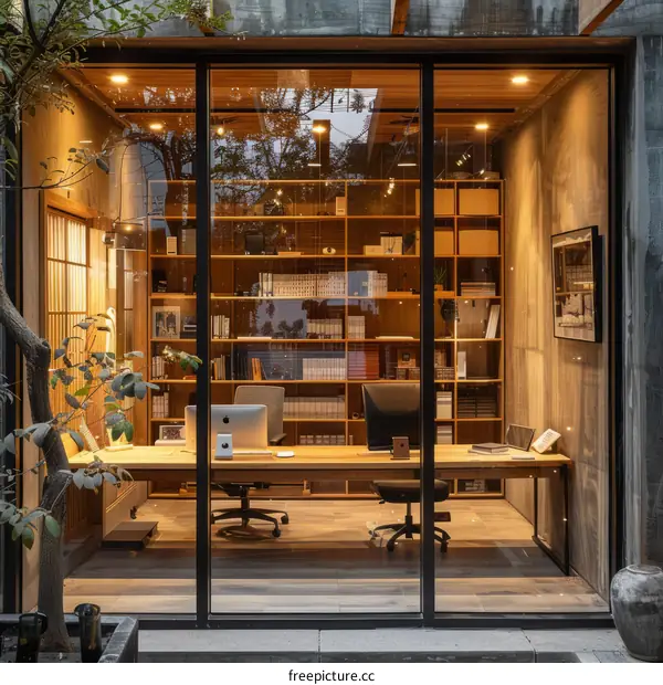 Home Office with Large Glass Window Overlooking Courtyard