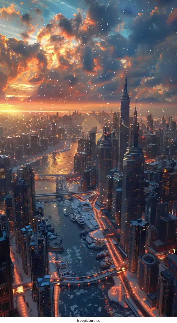 Snowy Futuristic City Skyline in Sci-Fi Style