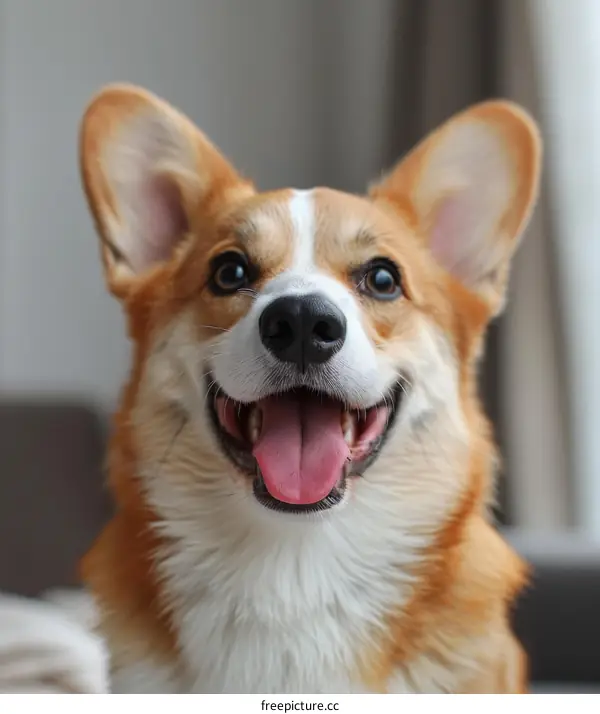 A happy corgi dog is sitting on the couch and looking at the camera