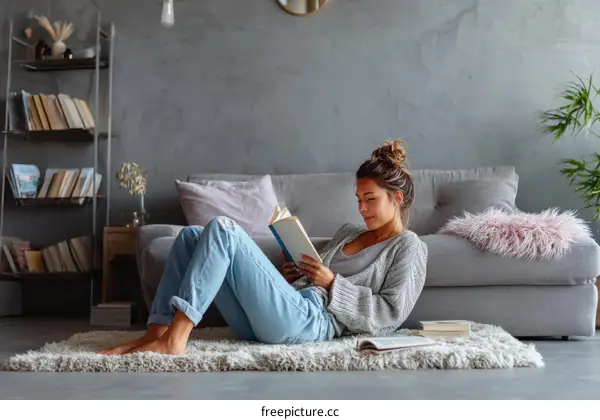 Woman Reading Book on Cozy Floor