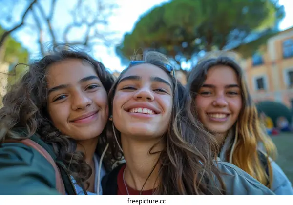 Three teenage girls taking a selfie together outdoors