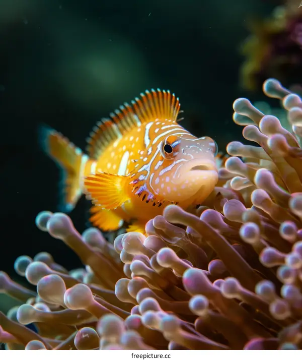A small orange and white fish with anemone tentacles