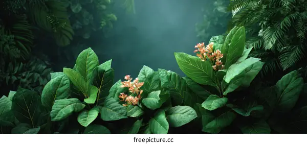 Jungle Flora Background with Lush Plants and Flowers