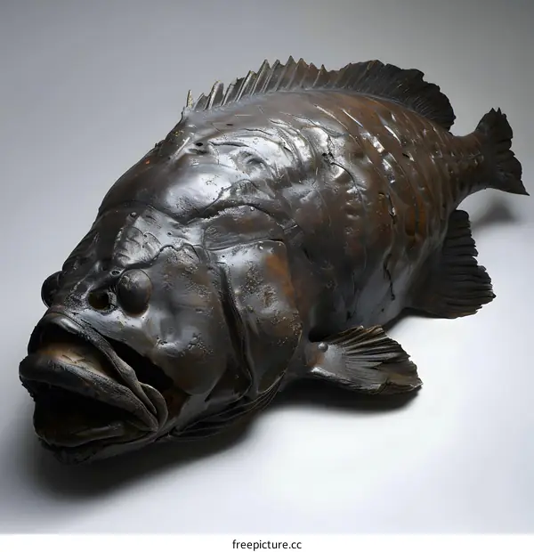 A large, realistic sculpture of a fish made of wood