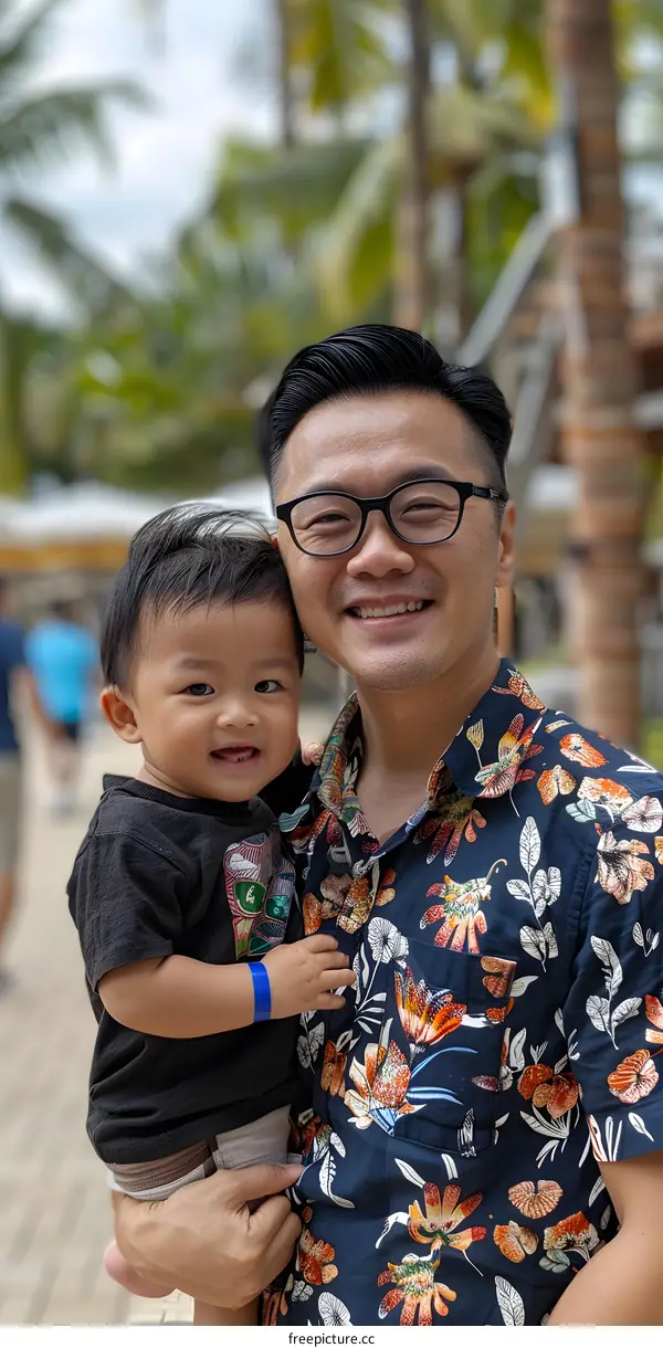 Happy Father and Son Together in Tropical Paradise
