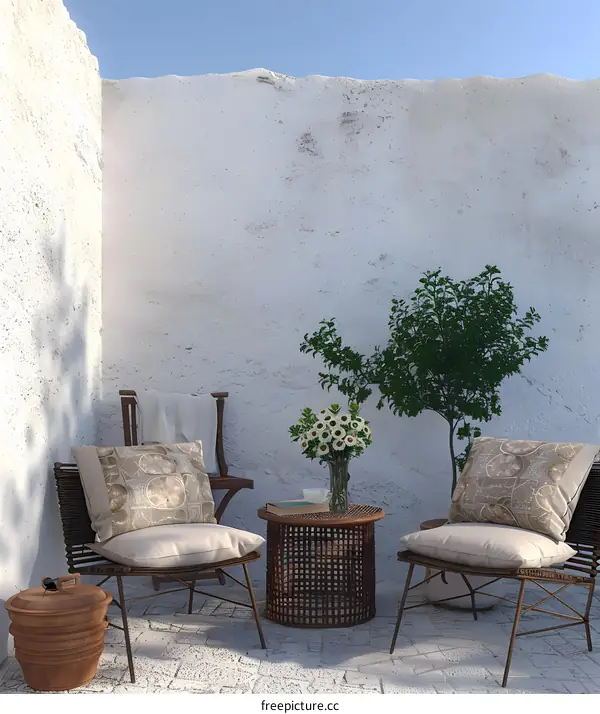 Cozy Patio with White Wall and Wooden Chairs
