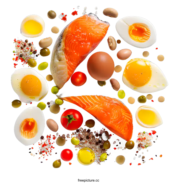 [Transparent Background PNG]Fresh Salmon, Eggs, and Vegetables on White Background