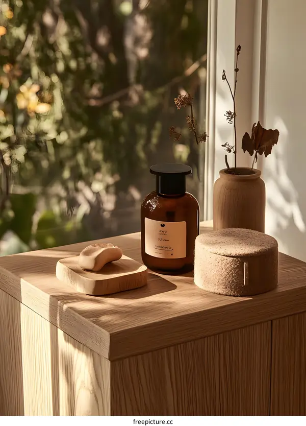 Wooden Tray with Brown Bottle and Small Wooden Vase