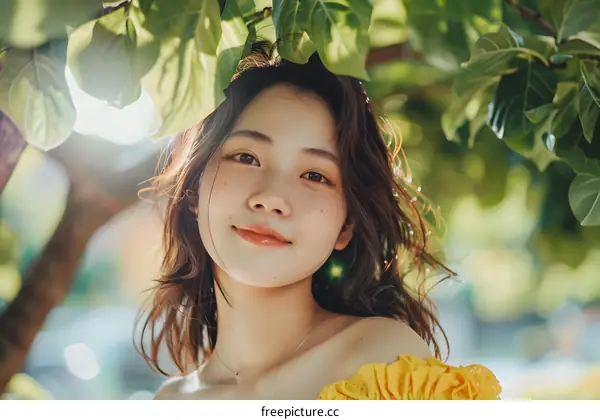 Smiling Young Woman Under Tree Leaves