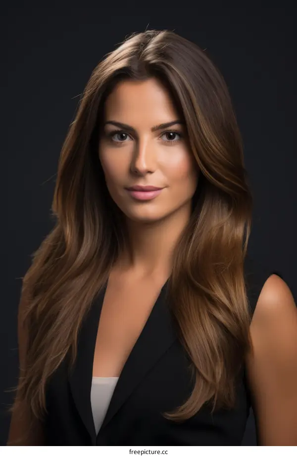 Headshot of a young professional woman with long brown hair wearing a black suit