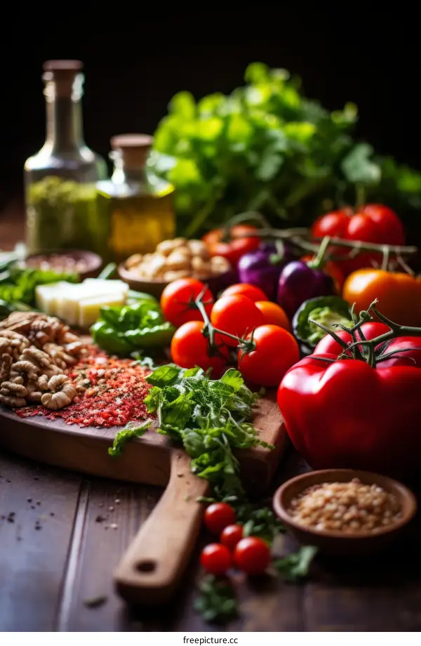 A variety of fresh vegetables and nuts are arranged on a wooden table.