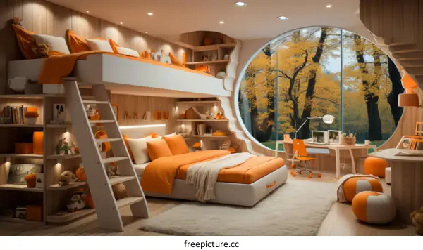 Cozy Bedroom with Round Window and Bunk Bed