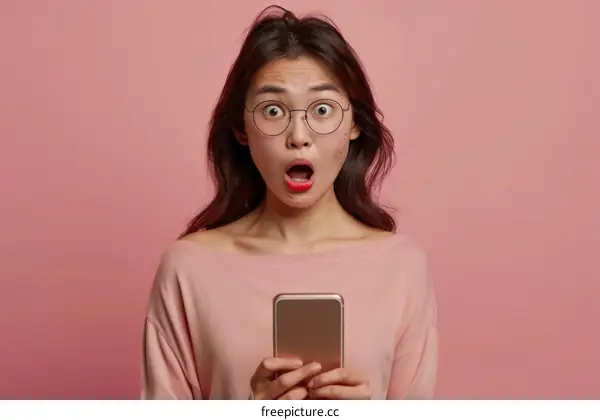 Surprised Asian woman holding her phone