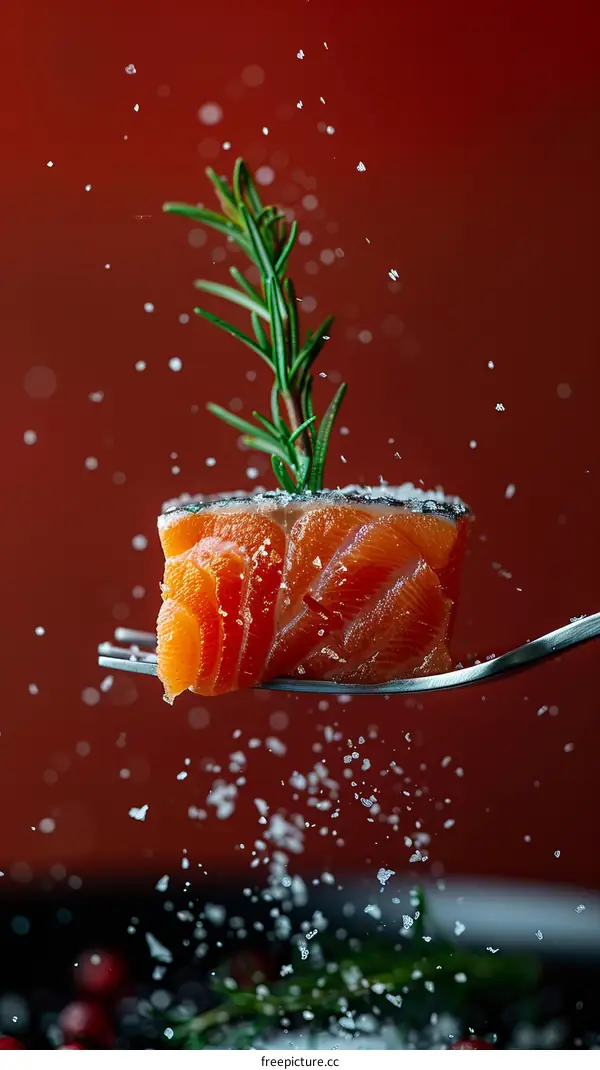 A close-up image of a fork with a piece of salmon fillet on it. The salmon fillet is garnished with a sprig of rosemary.