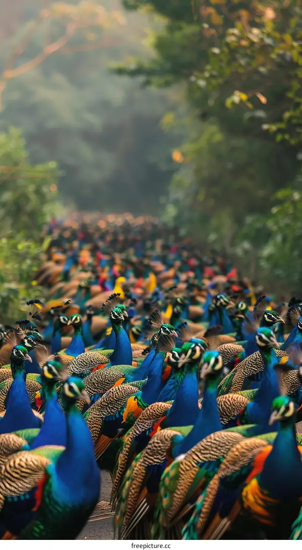 A large gathering of peafowl walking down a road