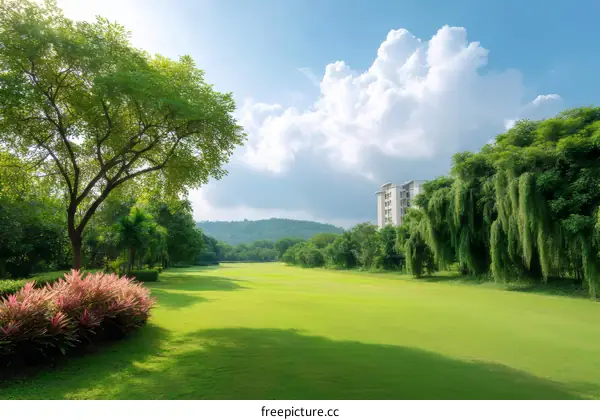 Tranquil Green Lawn Landscape with Sunny Sky