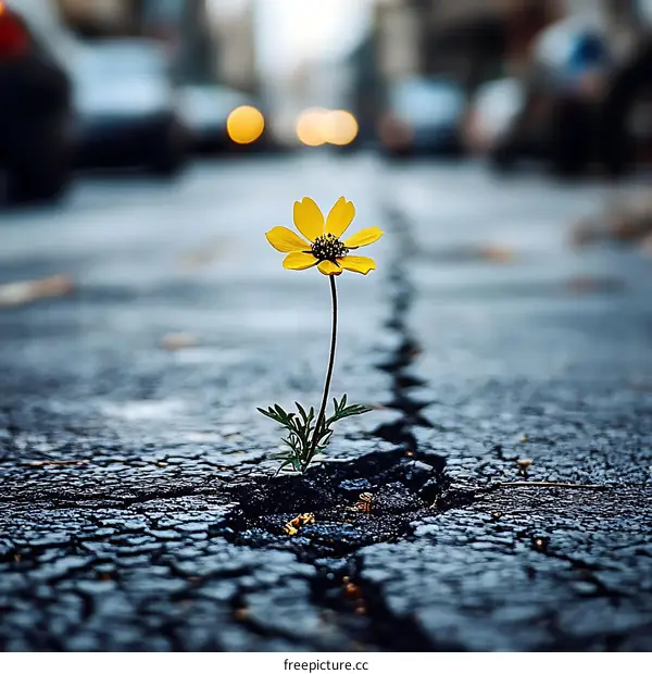Yellow Flower Growing Through Crack in Pavement