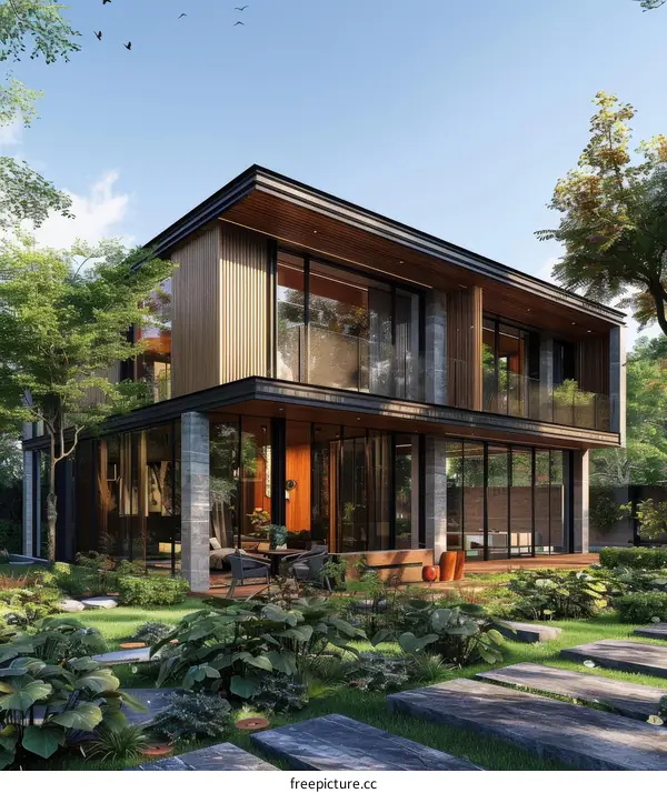 Modern Luxury Villa with Expansive Glass Windows and Serene Garden