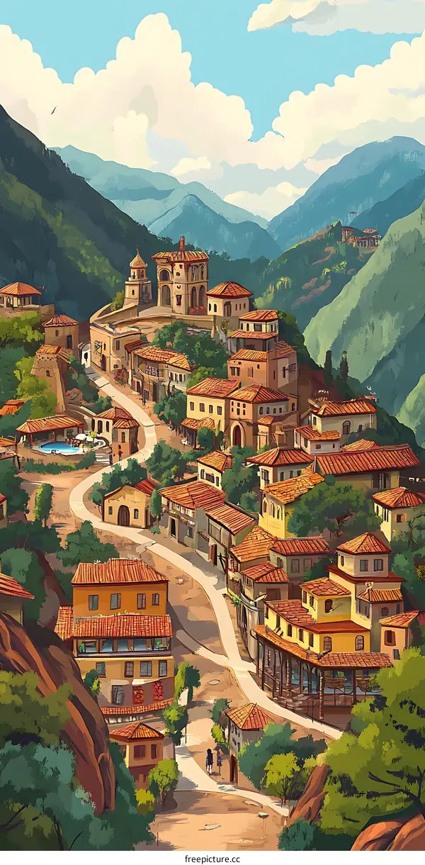 Illustration of a Charming Village in the Mountains