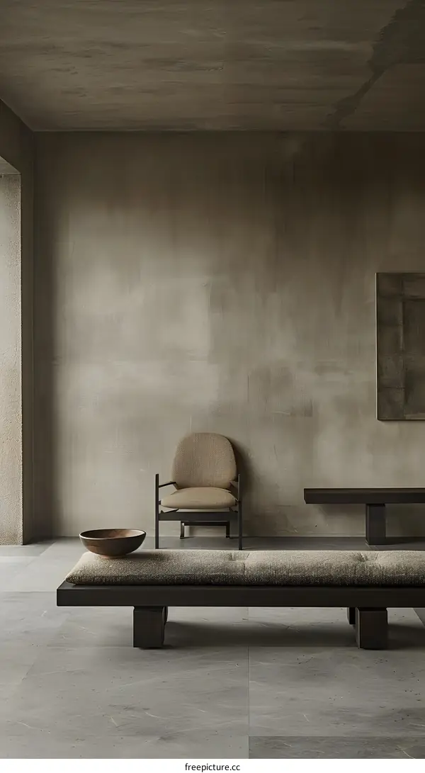 Minimalist Interior Design with Concrete Wall and Wooden Bench