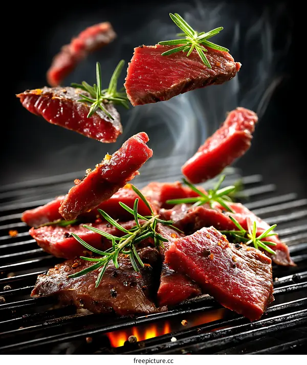 Grilled Beef Slices with Rosemary Cooking on Grill