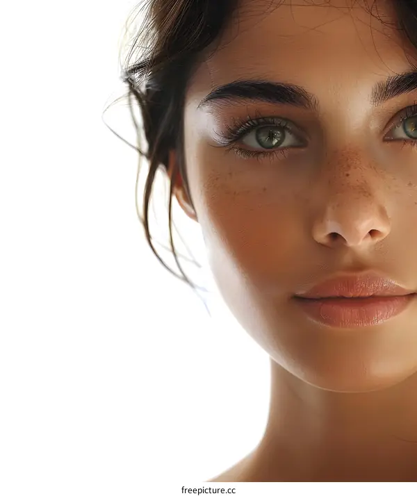Half face of a beautiful young woman with freckles