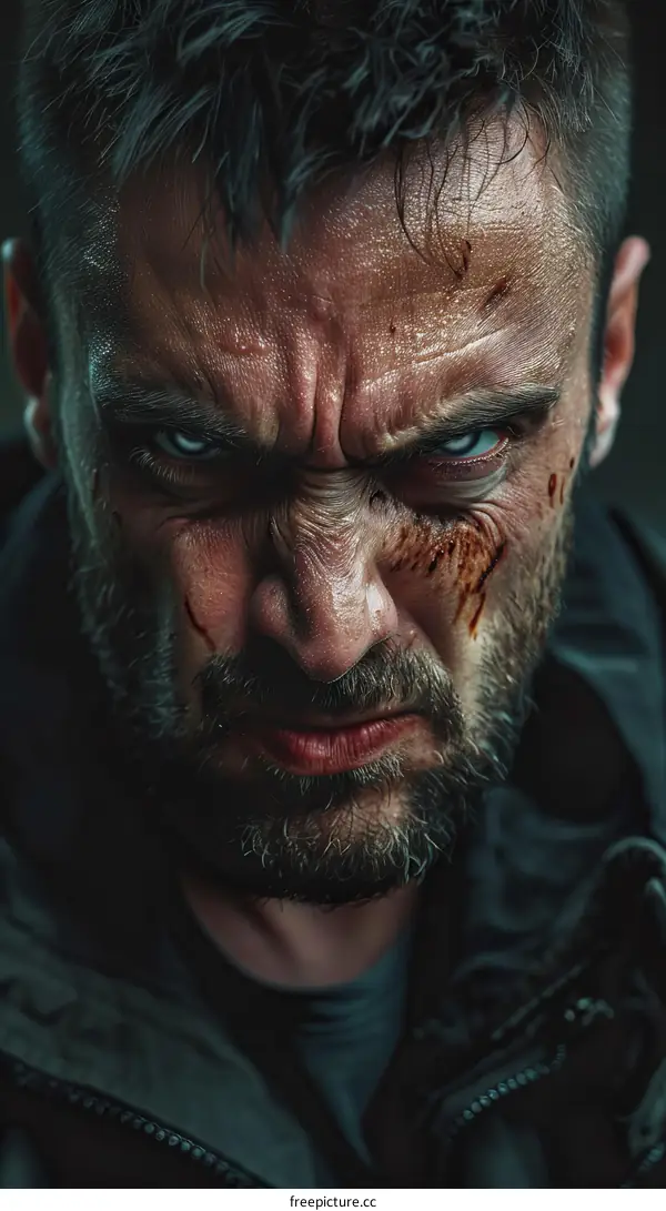 Close Up Angry Male Portrait with Scars