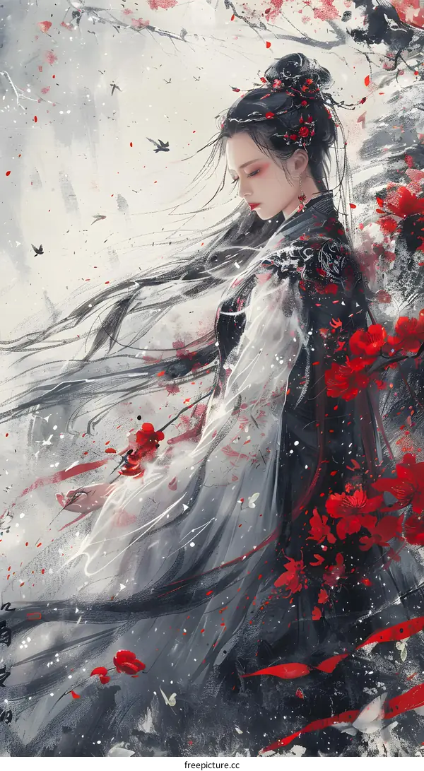 A Chinese woman in a red and white dress standing in a snowy forest