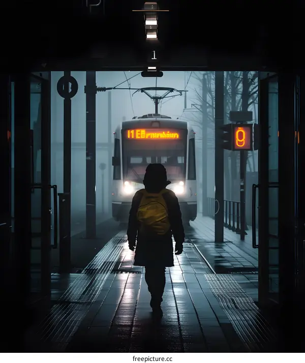 Person Walking Towards Train in Foggy City