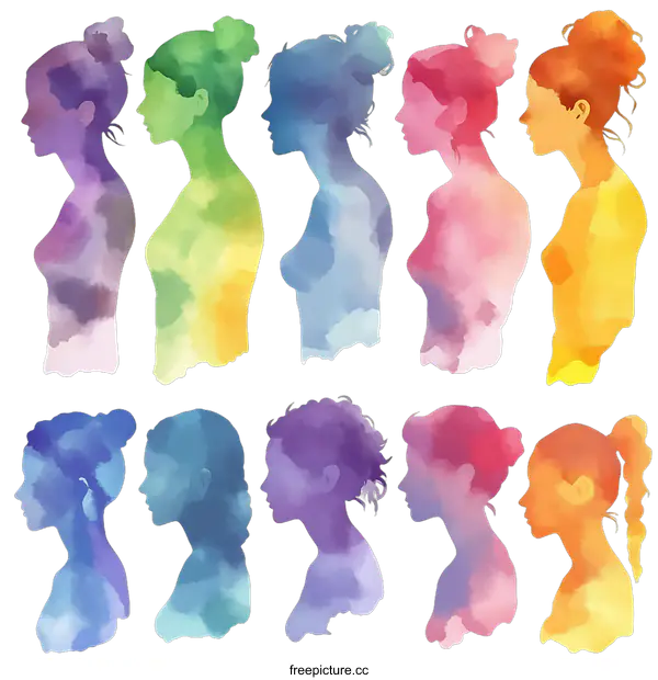[Transparent Background PNG]Colorful Watercolor Women Silhouettes