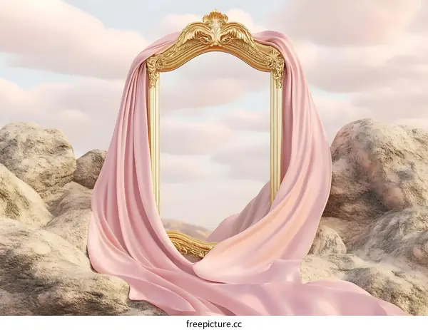 Golden Frame with Pink Fabric Draped Over Rocks