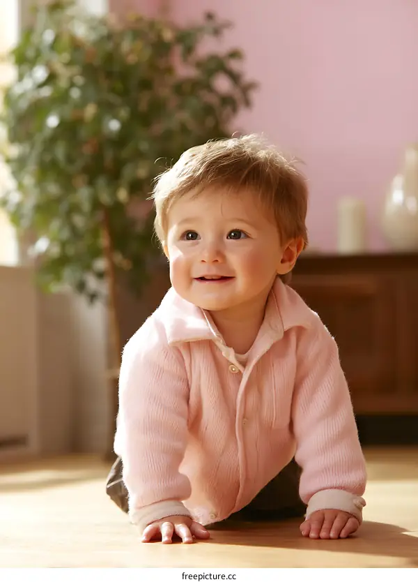 Adorable Baby Crawling on Light Wood Floor
