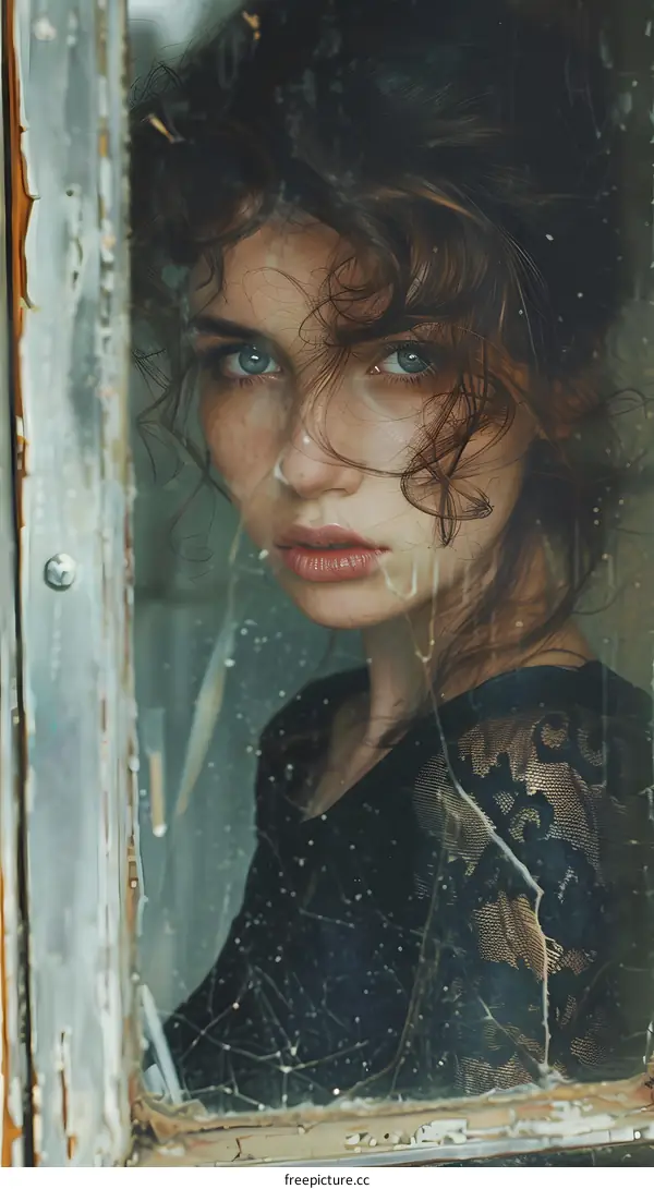 Portrait of a young woman looking through a dirty window