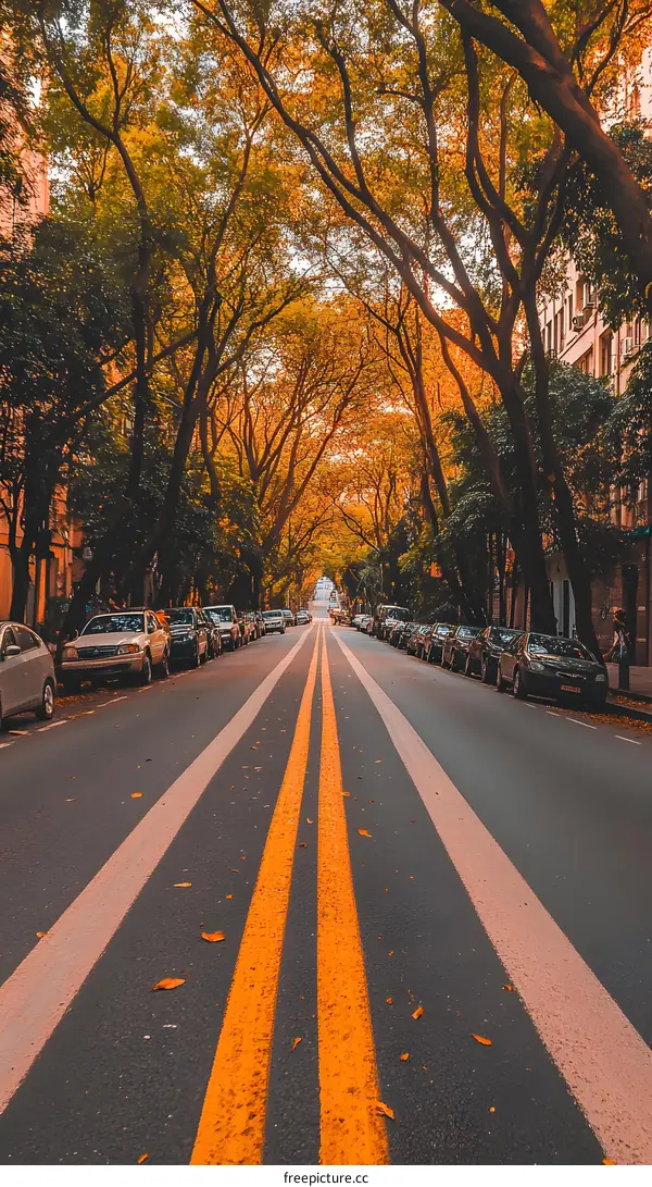 Autumn Street with Golden Trees and Yellow Lines