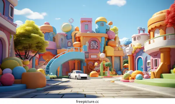 A Whimsical 3D Cityscape with Bright Pastel Buildings