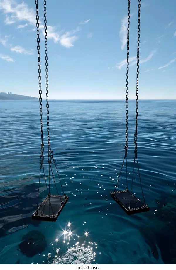 Two Empty Swings Over Calm Blue Water