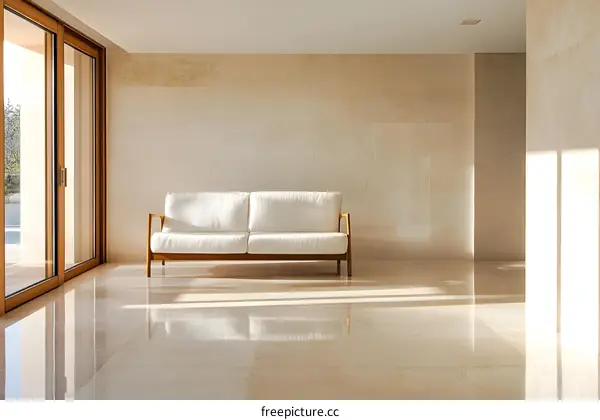 Modern Minimalist Living Room Interior Design With White Sofa and Marble Floor