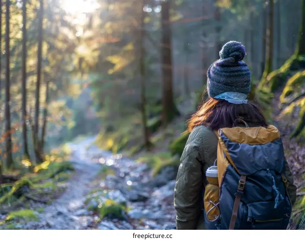 woman hiking alone in the woods on a sunny day