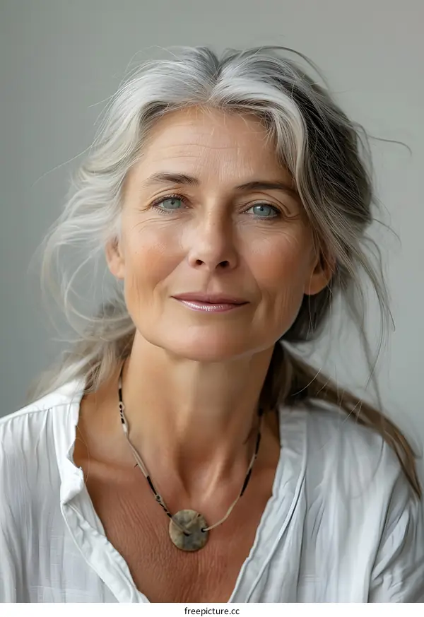 Portrait of a Smiling Woman with Gray Hair and a Necklace
