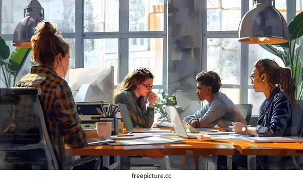 A group of people sitting around a table having a meeting