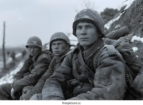 Three American soldiers in a foxhole during the Battle of the Bulge.