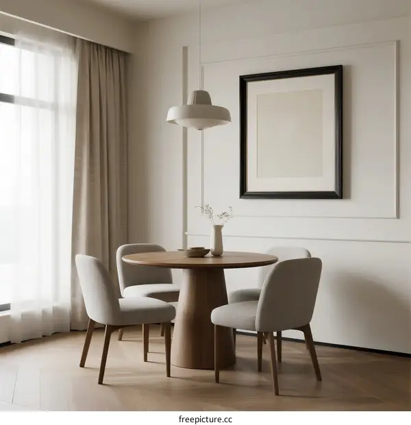 Modern round dining table with light gray chairs in bright room