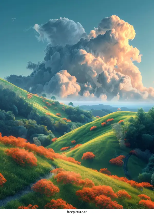 green hills and orange flowers under white clouds