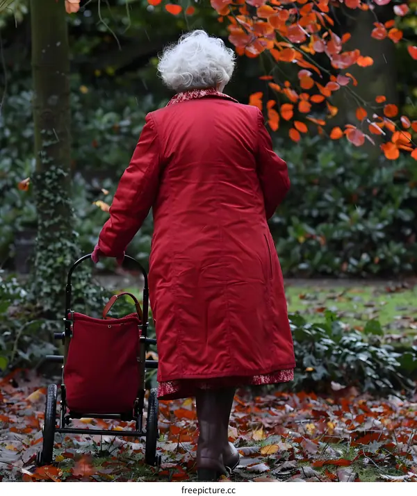 Elderly Woman in Red Coat Walking in Autumn Park with Shopping Cart
