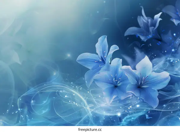 Blue flowers with butterflies and lilies floating on a blue and white gradient background