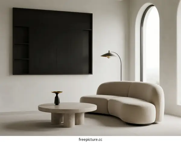 Modern Living Room with Curved Sofa and Wall Shelving