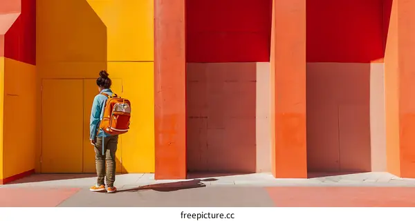 Woman with Backpack Standing in Front of a Colorful Wall